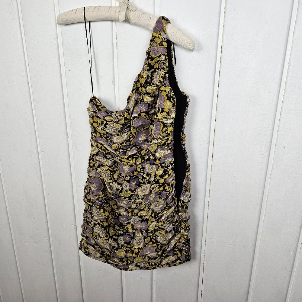 Zara Small Metallic Gold Purple Floral Chiffon One Shoulder Ruched Mini Dress - Picture 9 of 10